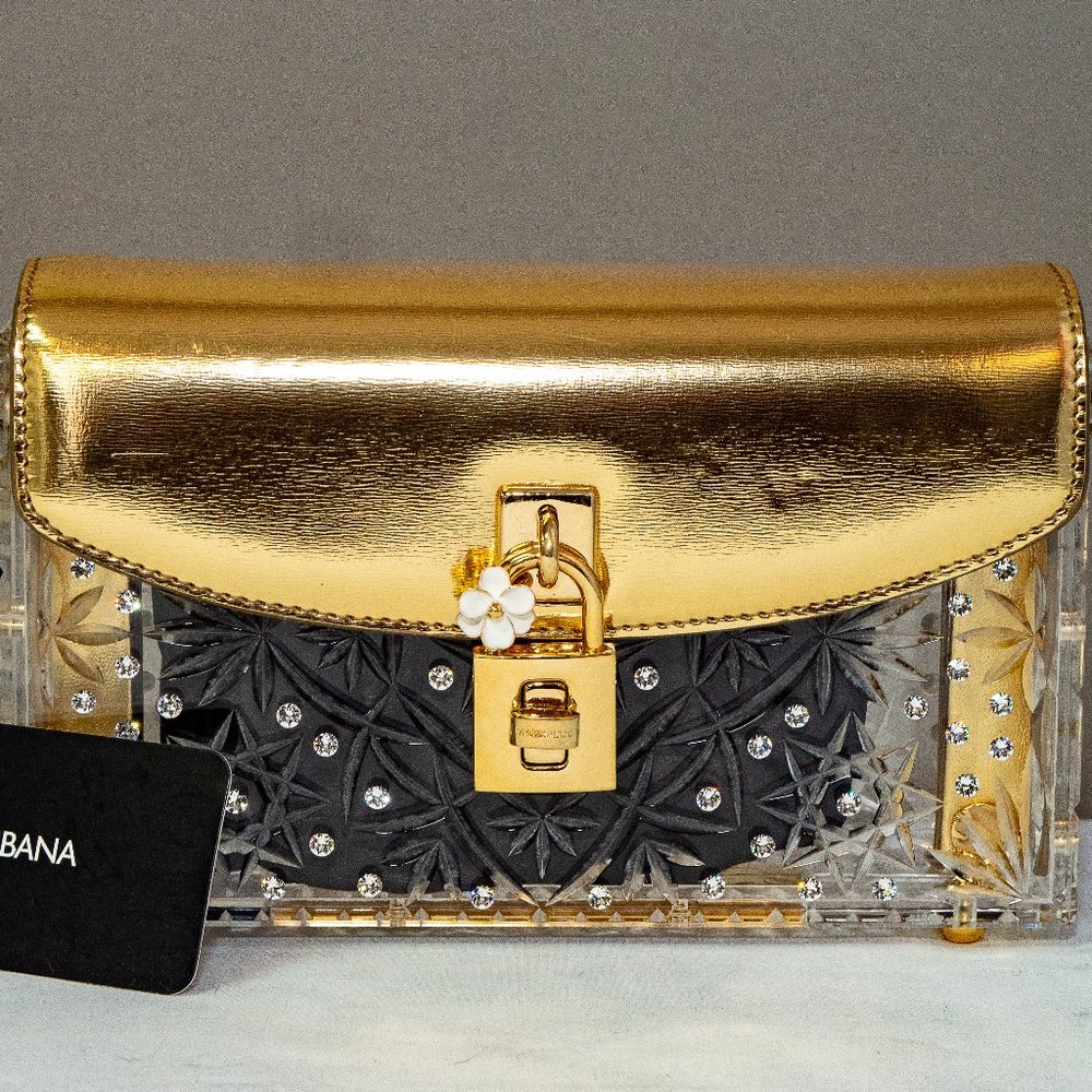 DOLCE & GABBANA  Plexiglass Crystal Embellished Dolce Box Clutch Gold